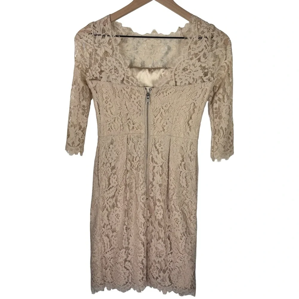 Milly of New York Champagne Floral Lace Sheath Dress Beige 3/4 Sleeve Size 0 - Picture 4 of 7
